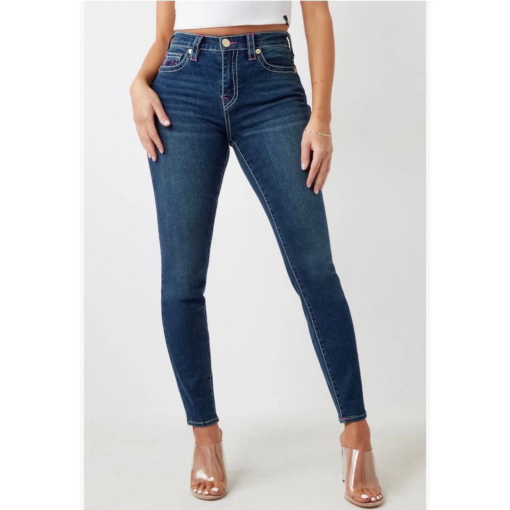 True Religion Jeans SZ 26x28 Blue Denim Halle High Rise Super Skinny Pink Stitch